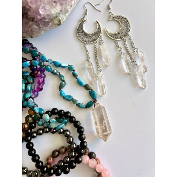 Celestial! Triple Clear Quartz Moon Chandelier Earrings! - Picture 7 of 8